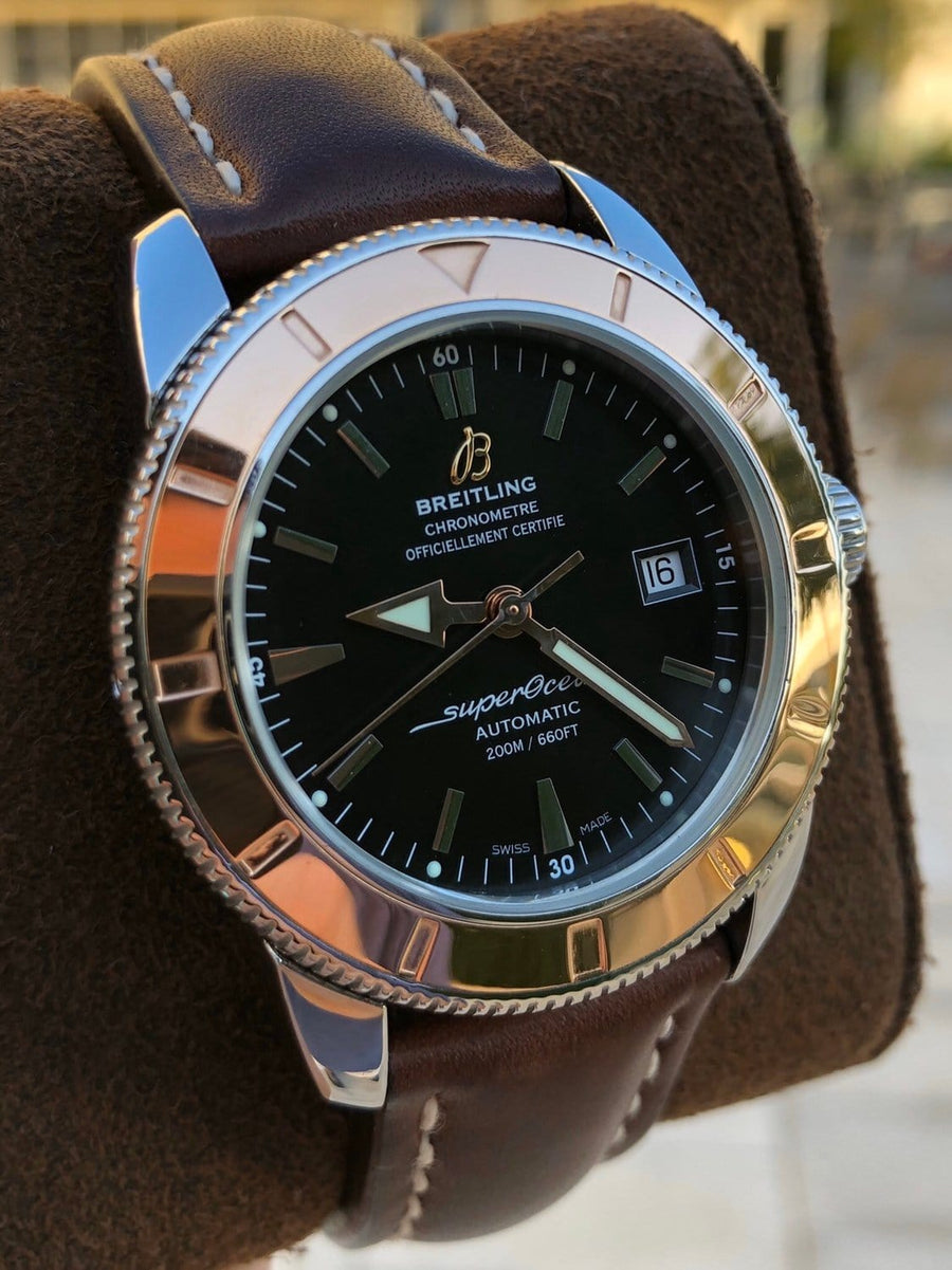 Breitling Superocean Heritage 42mm Rose Gold Chronometer Black Dial Brown Leather Strap Mens Watch - U1732112