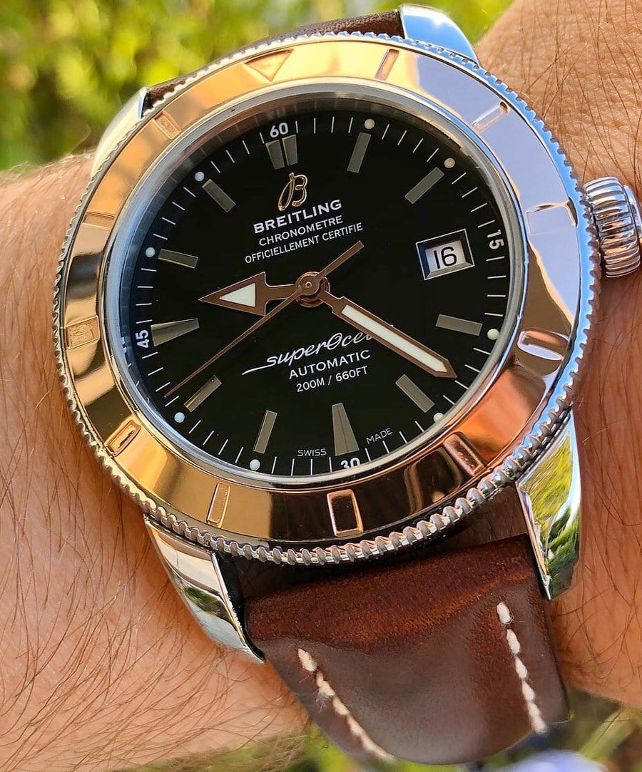 Breitling Superocean Heritage 42mm Rose Gold Chronometer Black Dial Brown Leather Strap Mens Watch - U1732112