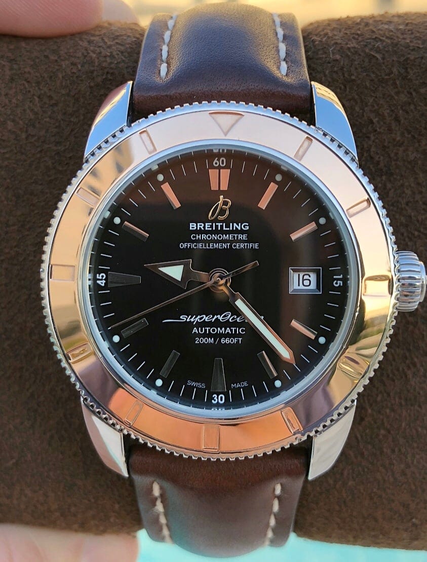 Breitling Superocean Heritage 42mm Rose Gold Chronometer Black Dial Brown Leather Strap Mens Watch - U1732112