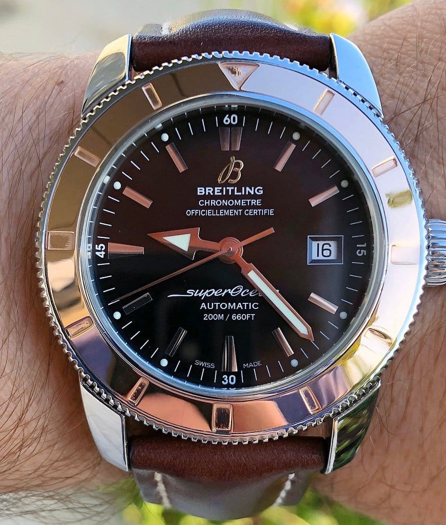 Breitling Superocean Heritage 42mm Rose Gold Chronometer Black Dial Brown Leather Strap Mens Watch - U1732112
