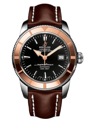 Breitling Superocean Heritage 42mm Rose Gold Chronometer Black Dial Brown Leather Strap Mens Watch - U1732112