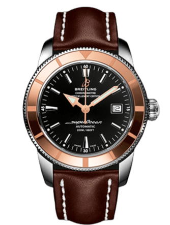 Breitling Superocean Heritage 42mm Rose Gold Chronometer Black Dial Brown Leather Strap Mens Watch - U1732112