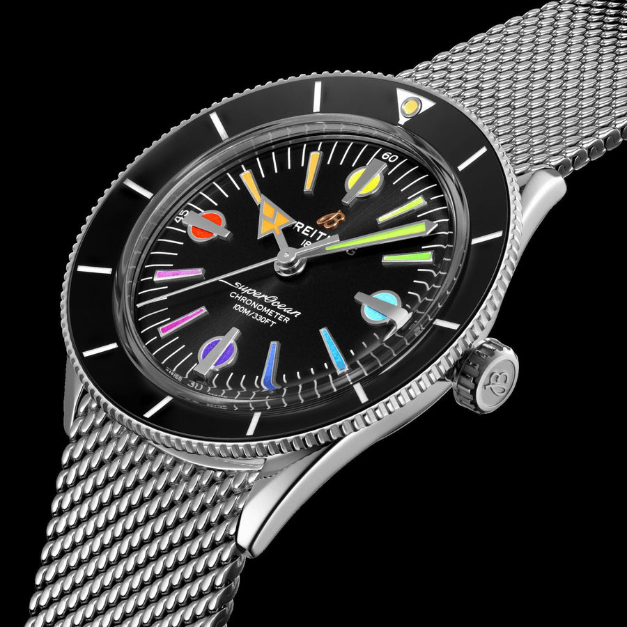 Breitling Superocean Heritage '57 Black Dial Silver Mesh Bracelet Watch for Men - A103701A1B1A1