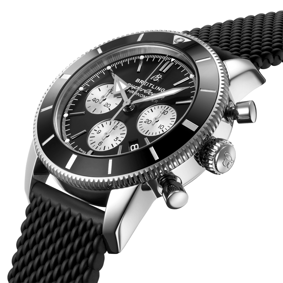 Breitling Superocean Heritage B01 Chronograph 44 Black Dial Black Mesh Bracelet Watch for Men - AB0162121B1S1