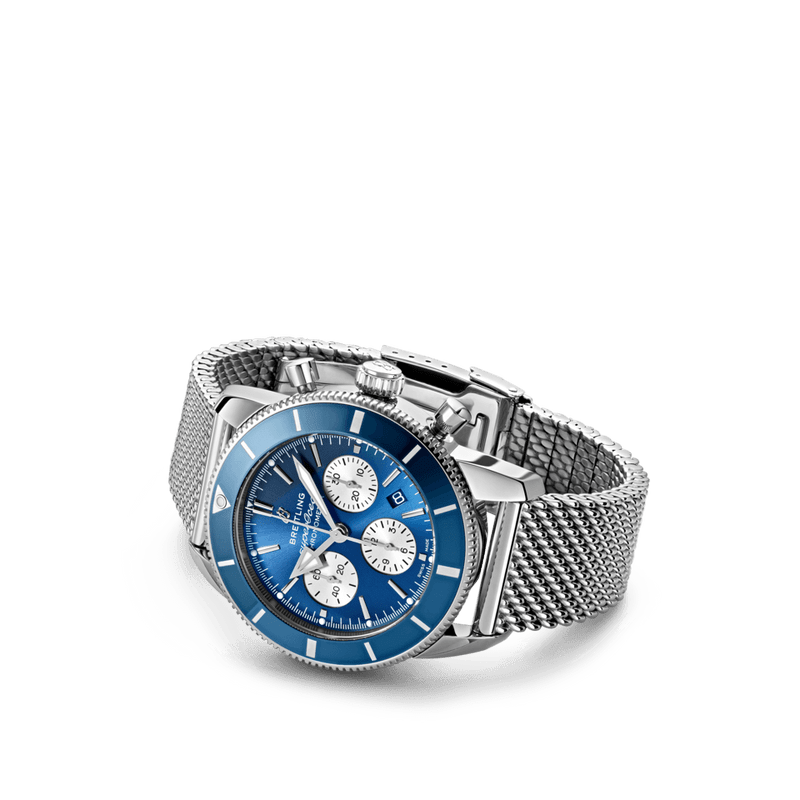 Breitling Superocean Heritage B01 Chronograph 44 Blue Dial Silver Mesh Bracelet Watch for Men - AB0162161C1A1