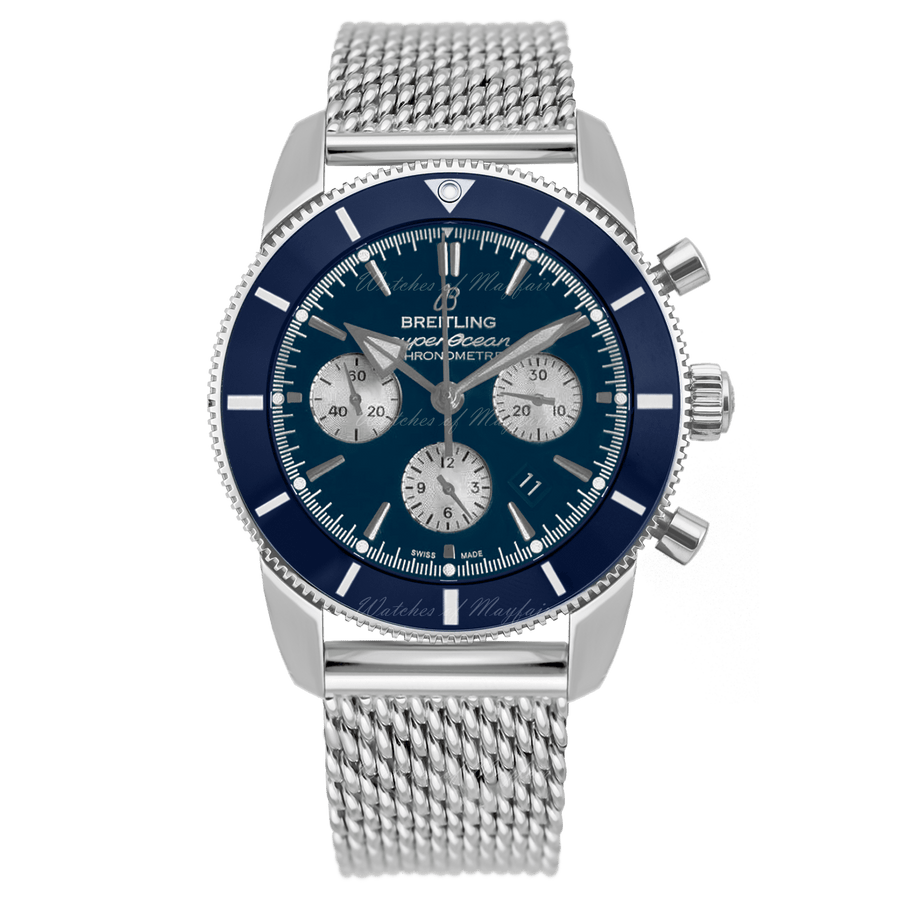 Breitling Superocean Heritage B01 Chronograph 44 Blue Dial Silver Mesh Bracelet Watch for Men - AB0162161C1A1