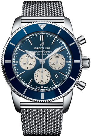 Breitling Superocean Heritage B01 Chronograph 44 Blue Dial Silver Mesh Bracelet Watch for Men - AB0162161C1A1