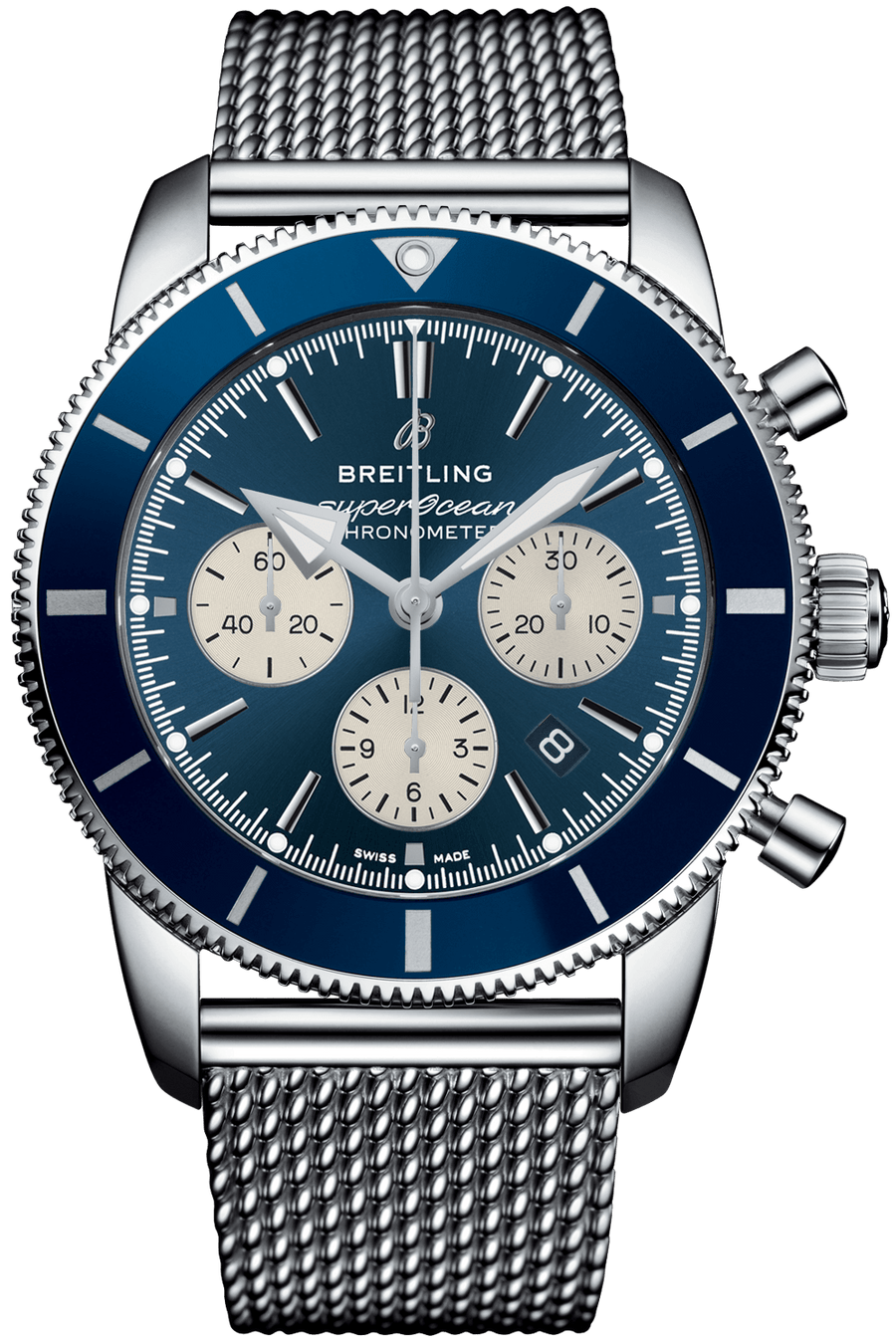 Breitling Superocean Heritage B01 Chronograph 44 Blue Dial Silver Mesh Bracelet Watch for Men - AB0162161C1A1