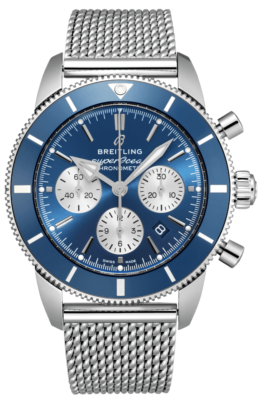 Breitling Superocean Heritage B01 Chronograph 44 Blue Dial Silver Mesh Bracelet Watch for Men - AB0162161C1A1