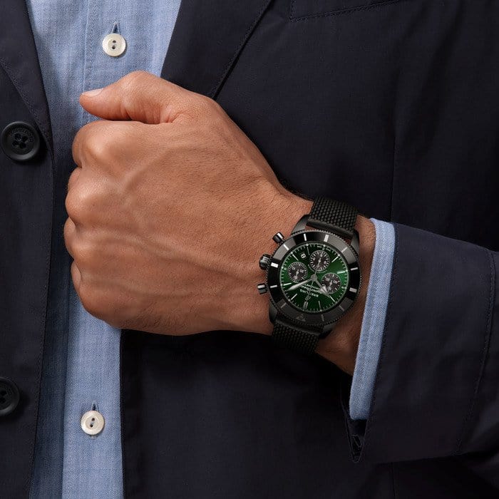 Breitling Superocean Heritage B01 Chronograph 44 Green Dial Black Mesh Bracelet Watch for Men - MB01621A1L1S1