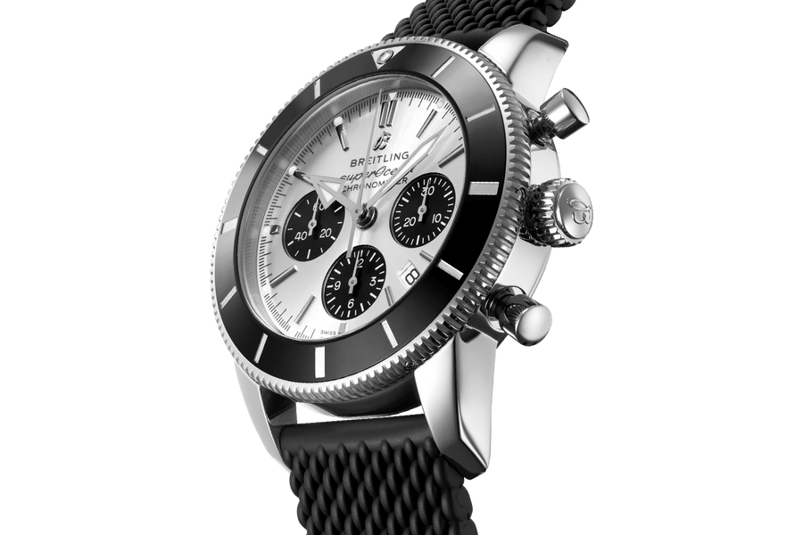 Breitling Superocean Heritage B01 Chronograph 44 Silver Dial Black Mesh Bracelet Watch for Men - AB0162121G1S1