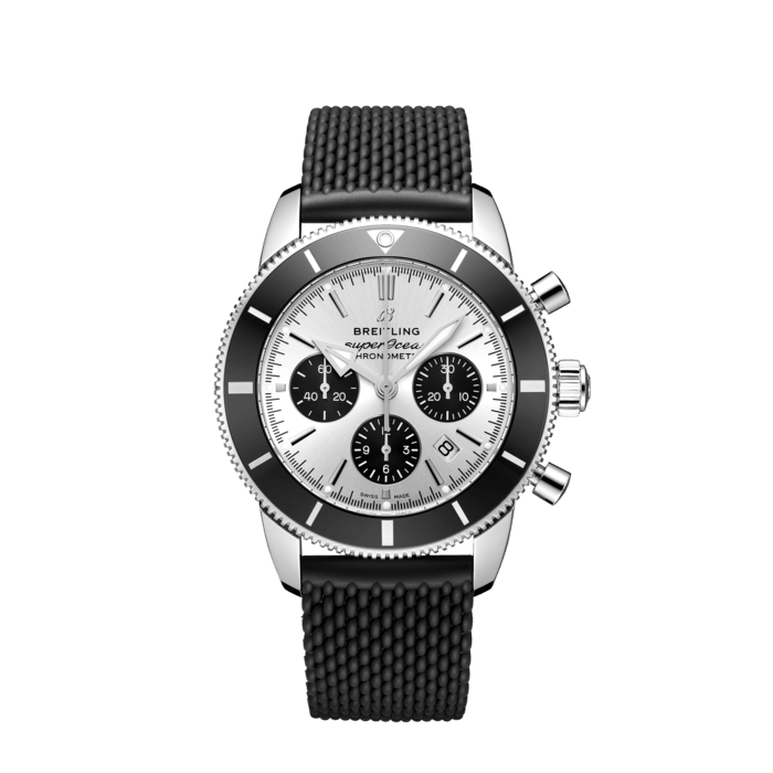 Breitling Superocean Heritage B01 Chronograph 44 Silver Dial Black Mesh Bracelet Watch for Men - AB0162121G1S1