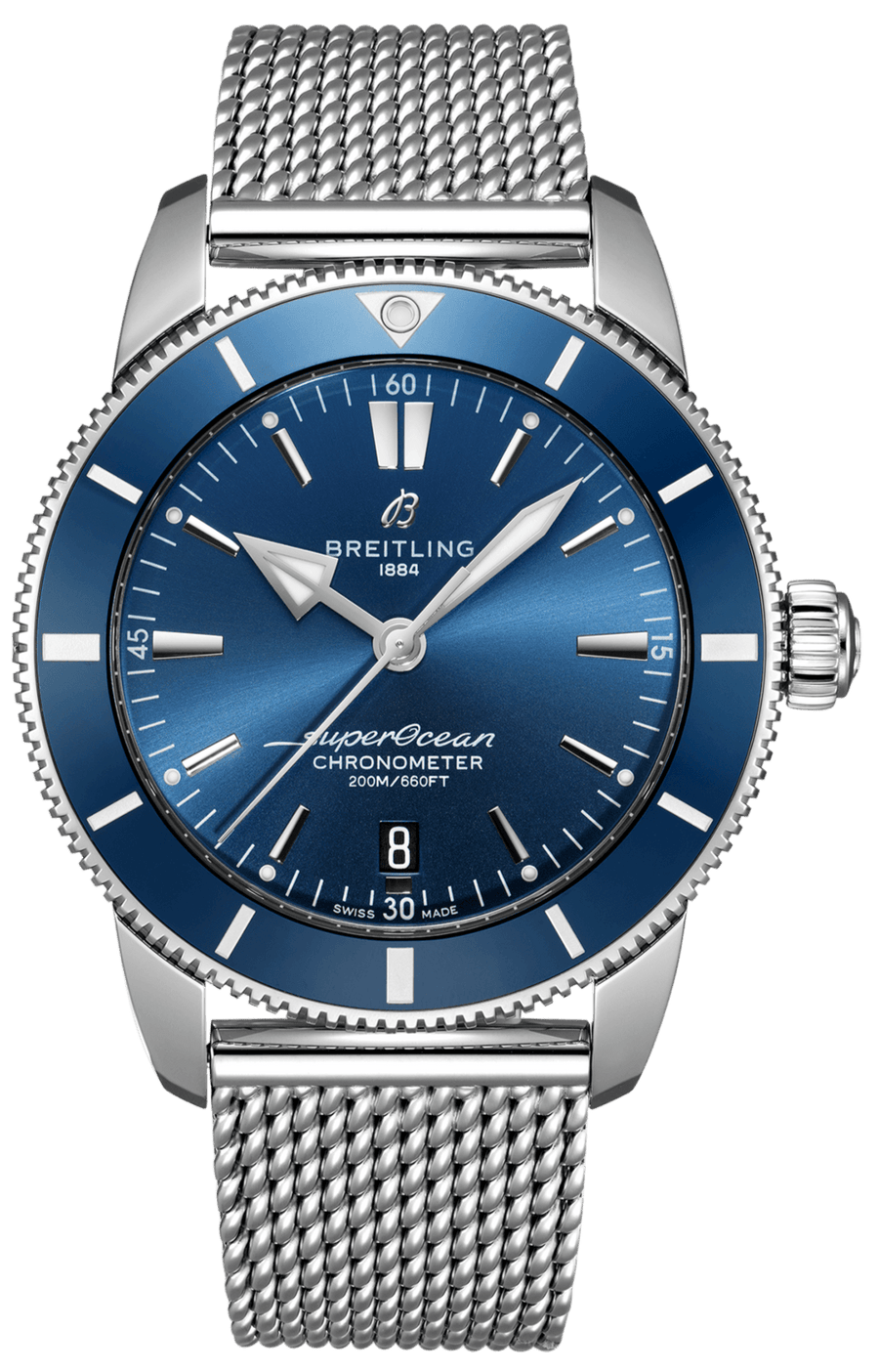Breitling Superocean Heritage B20 Automatic 44 Blue Dial Silver Mesh Bracelet Watch for Men - AB2030161C1A1