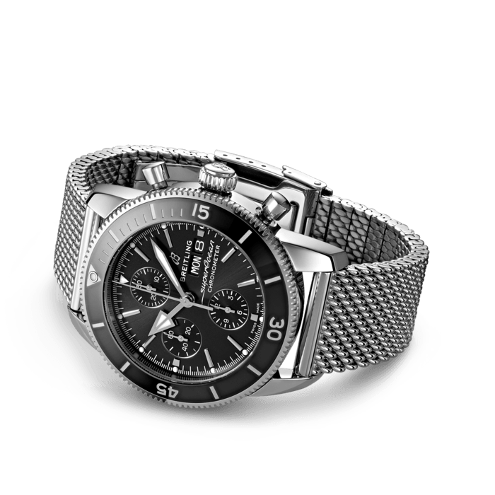 Breitling Superocean Heritage Chronograph 44 Black Dial Silver Mesh Bracelet Watch for Men - A13313121B1A1
