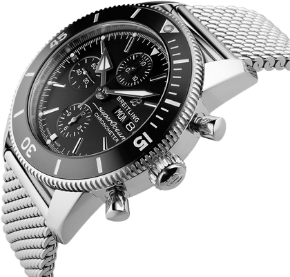 Breitling Superocean Heritage Chronograph 44 Black Dial Silver Mesh Bracelet Watch for Men - A13313121B1A1