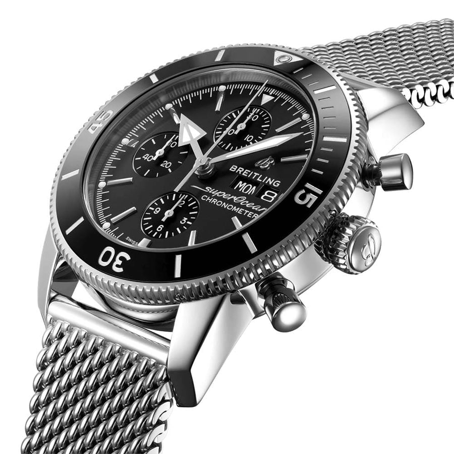 Breitling Superocean Heritage Chronograph 44 Black Dial Silver Mesh Bracelet Watch for Men - A13313121B1A1