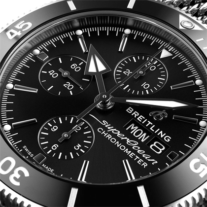 Breitling Superocean Heritage Chronograph 44 Black Dial Silver Mesh Bracelet Watch for Men - A13313121B1A1