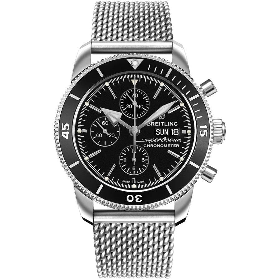 Breitling Superocean Heritage Chronograph 44 Black Dial Silver Mesh Bracelet Watch for Men - A13313121B1A1
