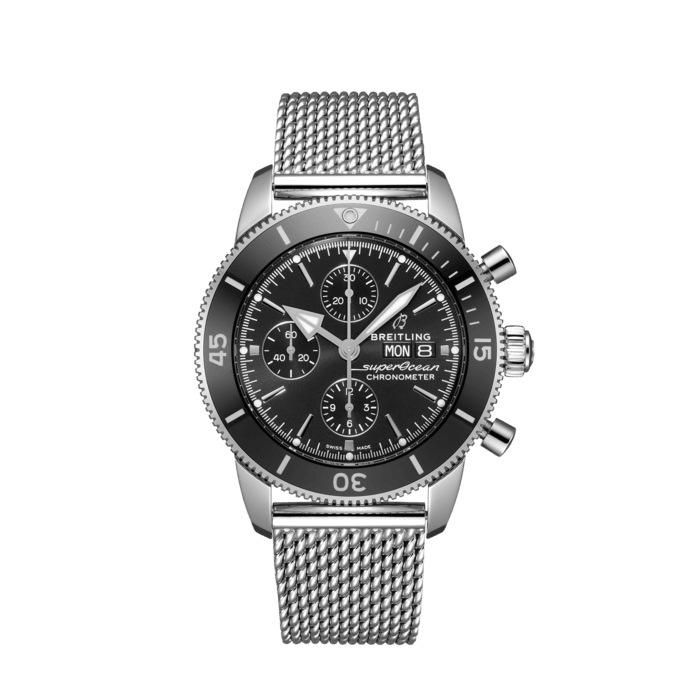 Breitling Superocean Heritage Chronograph 44 Black Dial Silver Mesh Bracelet Watch for Men - A13313121B1A1
