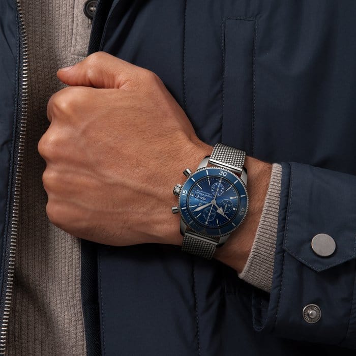 Breitling Superocean Heritage Chronograph 44 Blue Dial Blue Mesh Bracelet Watch for Men - A13313161C1S1