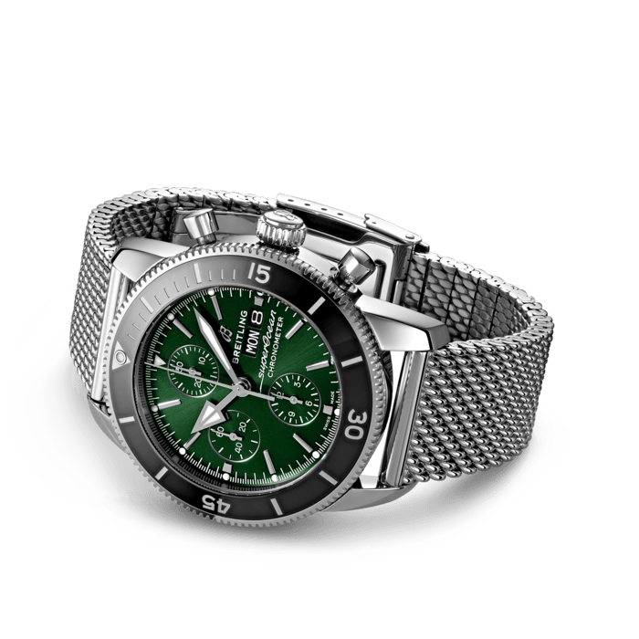 Breitling Superocean Heritage Chronograph 44 Green Dial Silver Mesh Bracelet Watch for Men - A13313121L1A1