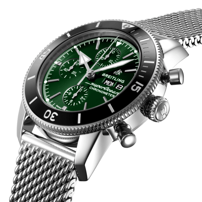 Breitling Superocean Heritage Chronograph 44 Green Dial Silver Mesh Bracelet Watch for Men - A13313121L1A1