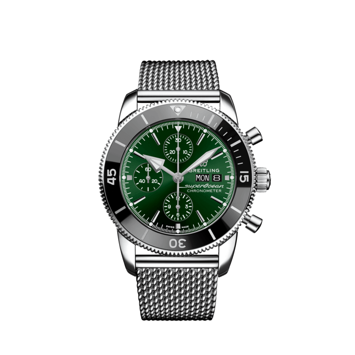 Breitling Superocean Heritage Chronograph 44 Green Dial Silver Mesh Bracelet Watch for Men - A13313121L1A1
