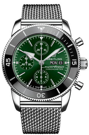 Breitling Superocean Heritage Chronograph 44 Green Dial Silver Mesh Bracelet Watch for Men - A13313121L1A1