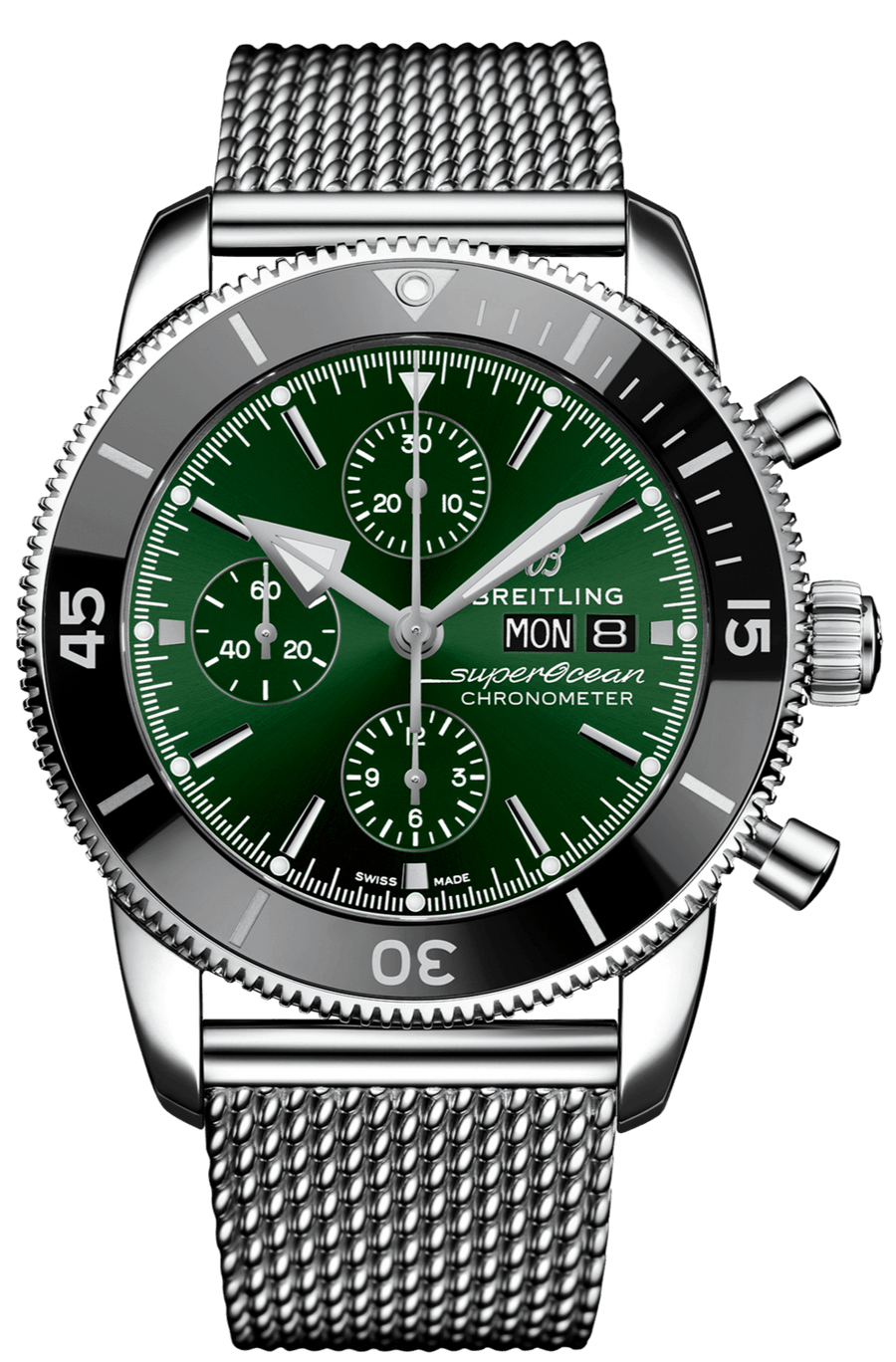 Breitling Superocean Heritage Chronograph 44 Green Dial Silver Mesh Bracelet Watch for Men - A13313121L1A1