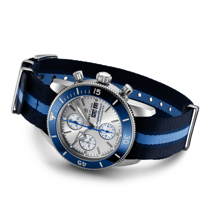 Breitling Superocean Heritage Chronograph 44 Ocean Conservancy Silver Dial Two Tone NATO Strap Watch for Men - A133131A1G1W1
