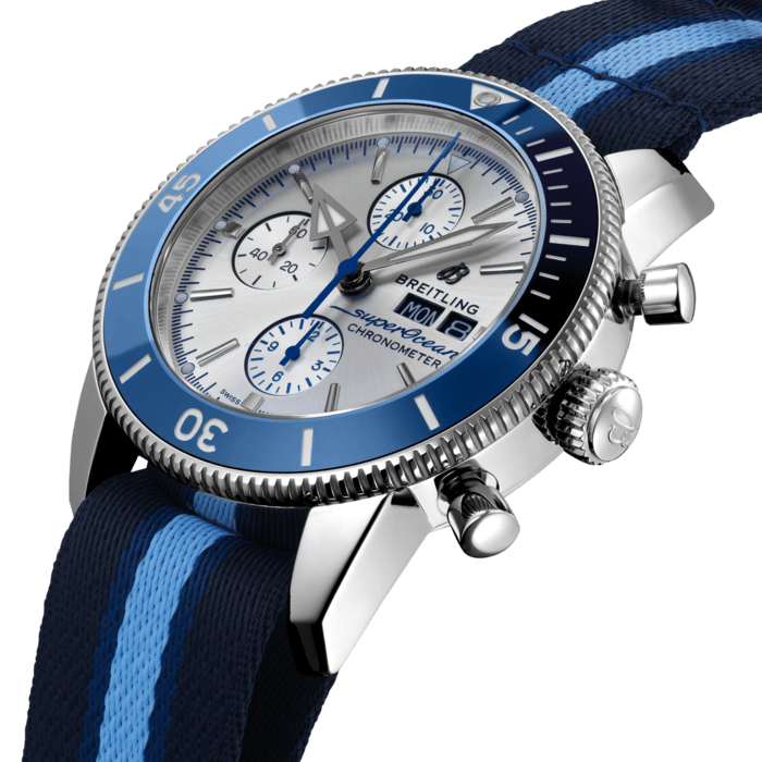 Breitling Superocean Heritage Chronograph 44 Ocean Conservancy Silver Dial Two Tone NATO Strap Watch for Men - A133131A1G1W1