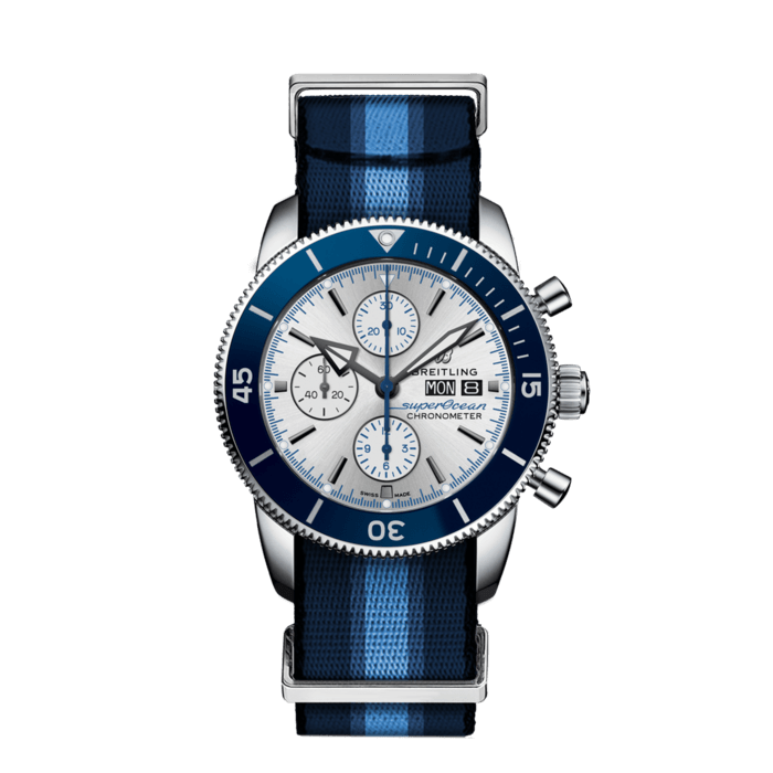 Breitling Superocean Heritage Chronograph 44 Ocean Conservancy Silver Dial Two Tone NATO Strap Watch for Men - A133131A1G1W1
