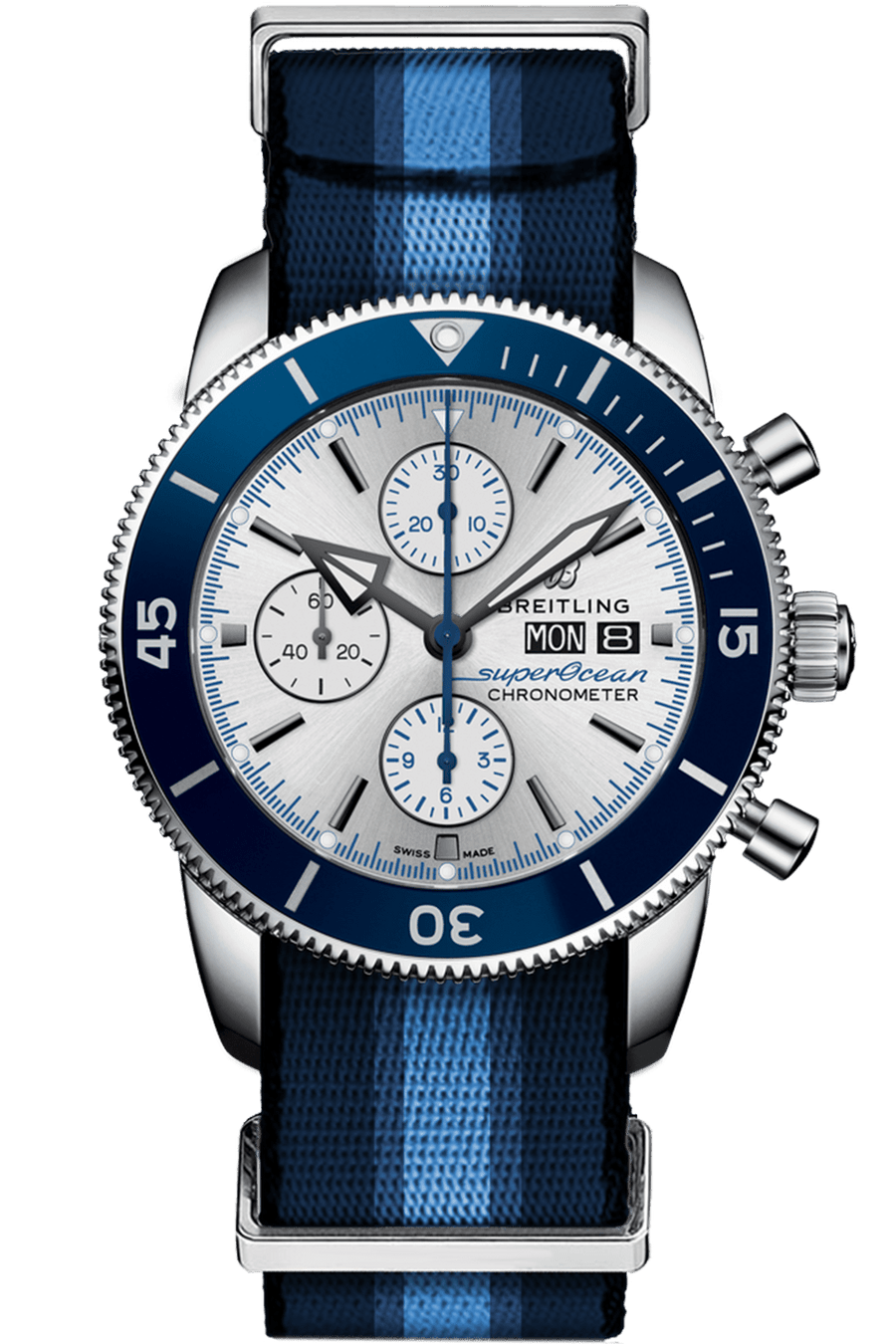 Breitling Superocean Heritage Chronograph 44 Ocean Conservancy Silver Dial Two Tone NATO Strap Watch for Men - A133131A1G1W1