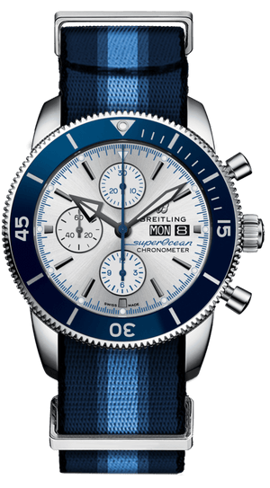 Breitling Superocean Heritage Chronograph 44 Ocean Conservancy Silver Dial Two Tone NATO Strap Watch for Men - A133131A1G1W1