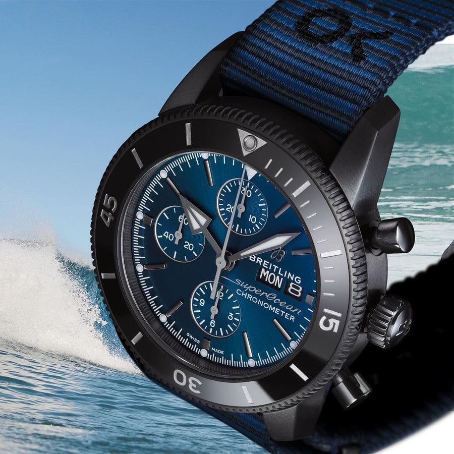 Breitling Superocean Heritage Chronograph 44 Outerknown Blue Dial Blue NATO Strap Watch for Men - M133132A1C1W1