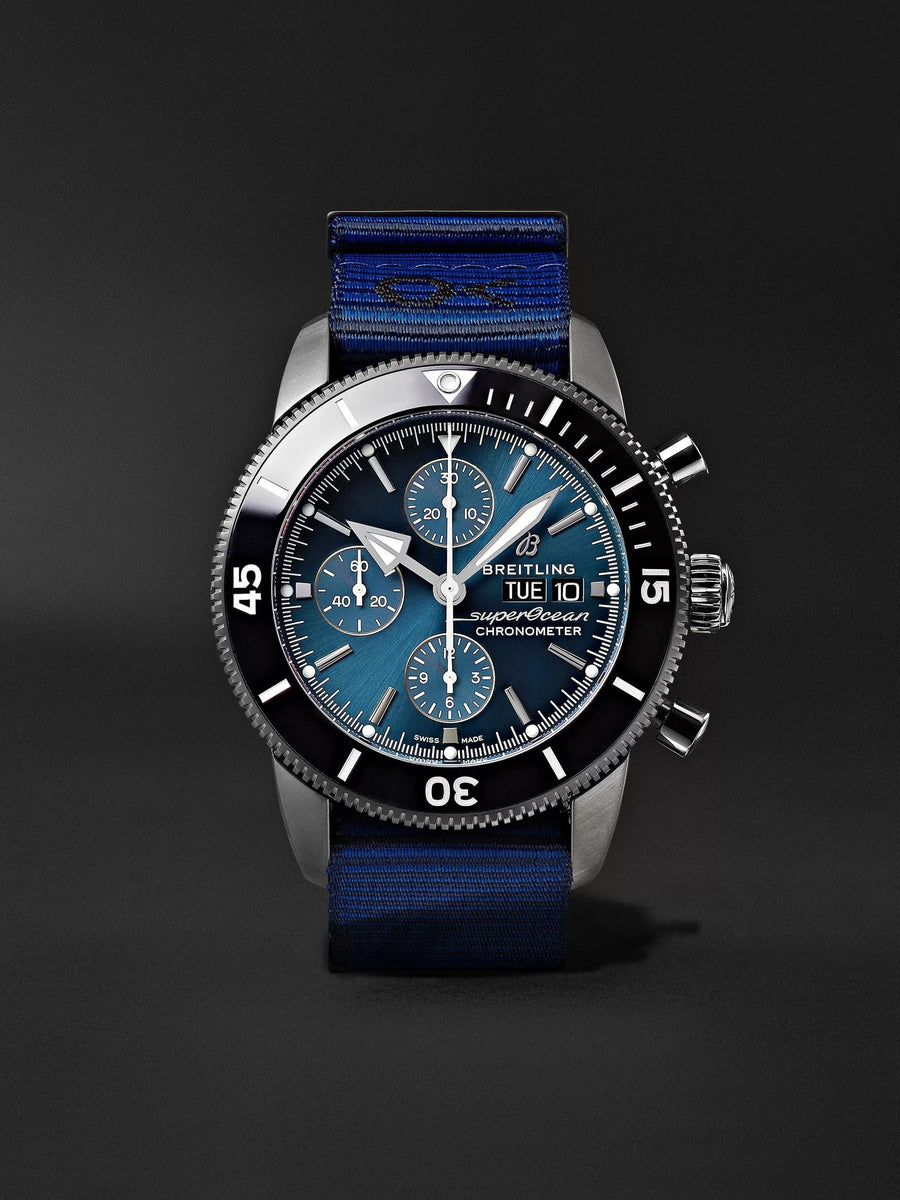 Breitling Superocean Heritage Chronograph 44 Outerknown Blue Dial Blue NATO Strap Watch for Men - M133132A1C1W1