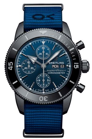 Breitling Superocean Heritage Chronograph 44 Outerknown Blue Dial Blue NATO Strap Watch for Men - M133132A1C1W1