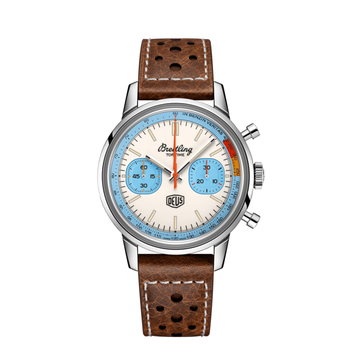 Breitling Top Time Deus Limited Edition White Dial Brown Leather Strap Watch for Men - A233112A1A1X1