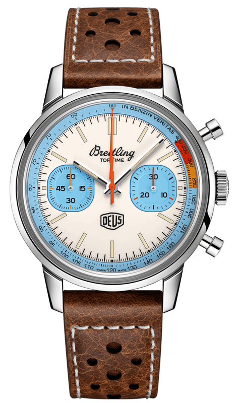 Breitling Top Time Deus Limited Edition White Dial Brown Leather Strap Watch for Men - A233112A1A1X1
