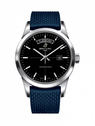 Breitling Transocean Day & Date 42mm Automatic Black Dial Blue Mesh Bracelet Mens Watch - A4531012/BB69/280S/ A20S.1