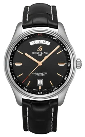 Breitling Premier Automatic 40mm Day & Date Black Dial Black Leather Strap Mens Watch - A45340241B1P2