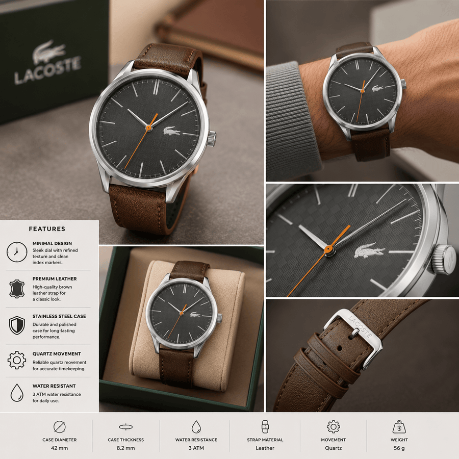 Lacoste Vienna Grey Dial Brown Leather Strap Watch for Men - 2011045