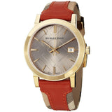 Burberry Heritage Nova Gold Dial Haymarket Red Leather Strap Watch for Women - BU9111