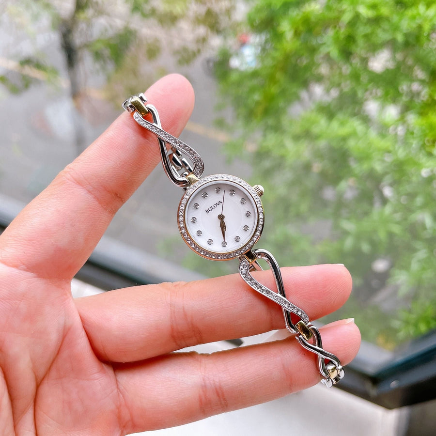 Bulova Analog Crystals Mother of Pearl Dial Silver Steel Strap Watch for Women - 98X109