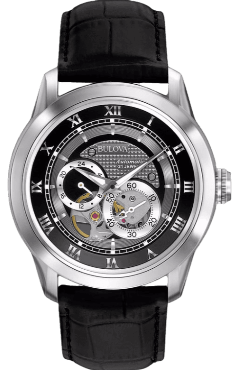 Bulova BVA Classic Automatic Silver Dial Black Leather Strap Watch for Men - 96A135
