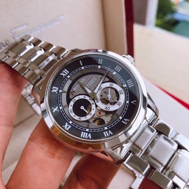 Bulova BVA Dual Aperture Black Dial Silver Steel Strap Watch for Men - 96A119