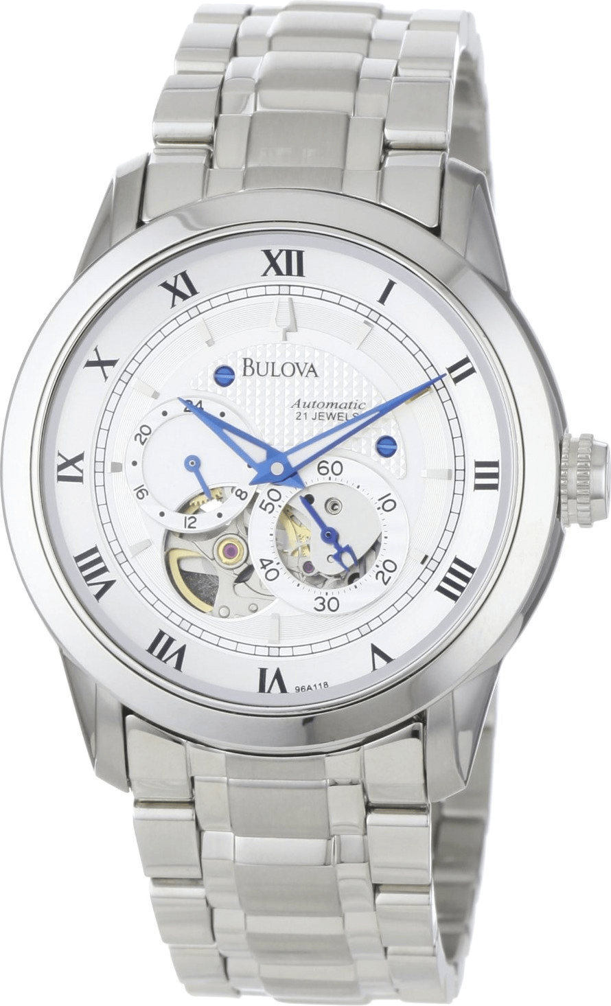 Bulova BVA Series Dual Aperture Silver Dial Silver Steel Strap Watch for Men - 96A118