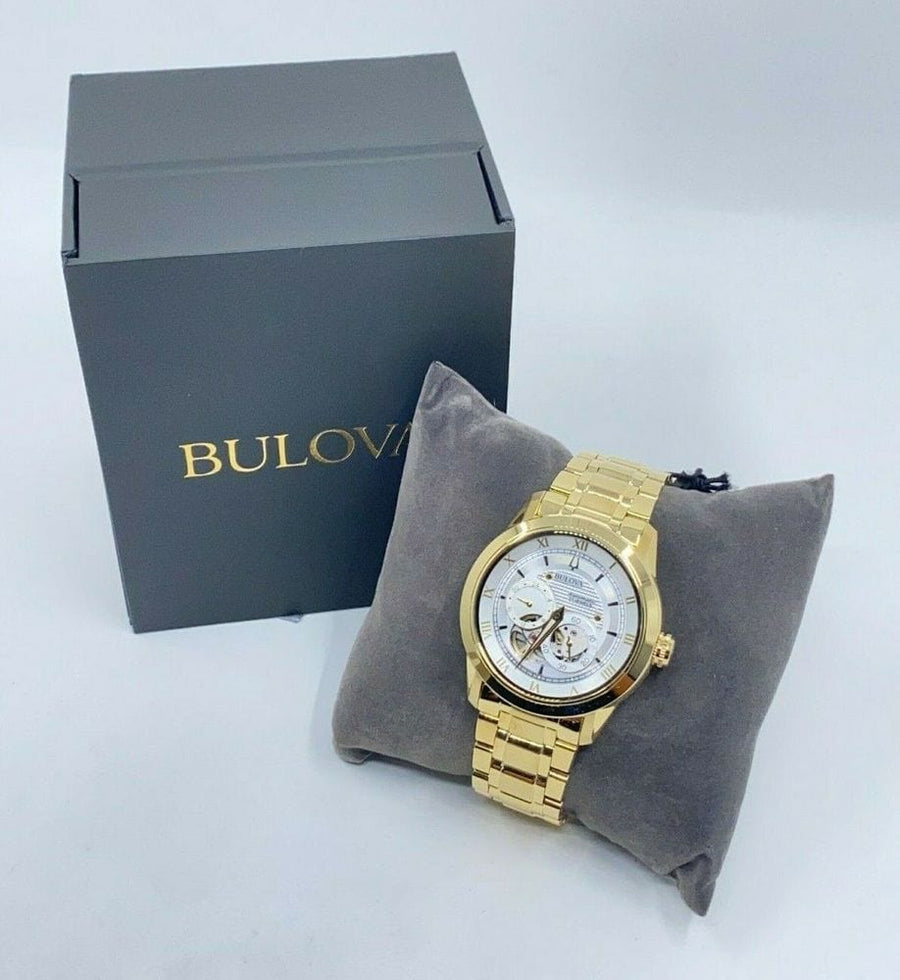 Bulova BVA Skeleton Silver Dial Gold Steel Strap Watch for Men - 97A108