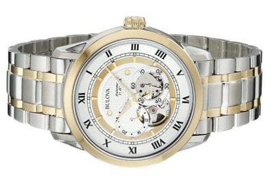 Bulova BVA Skeleton Silver Dial Two Tone Steel Strap Watch for Men - 98A123