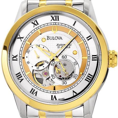 Bulova BVA Skeleton Silver Dial Two Tone Steel Strap Watch for Men - 98A123